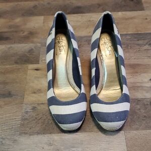 Life Stride Navy and Cream Striped Heels